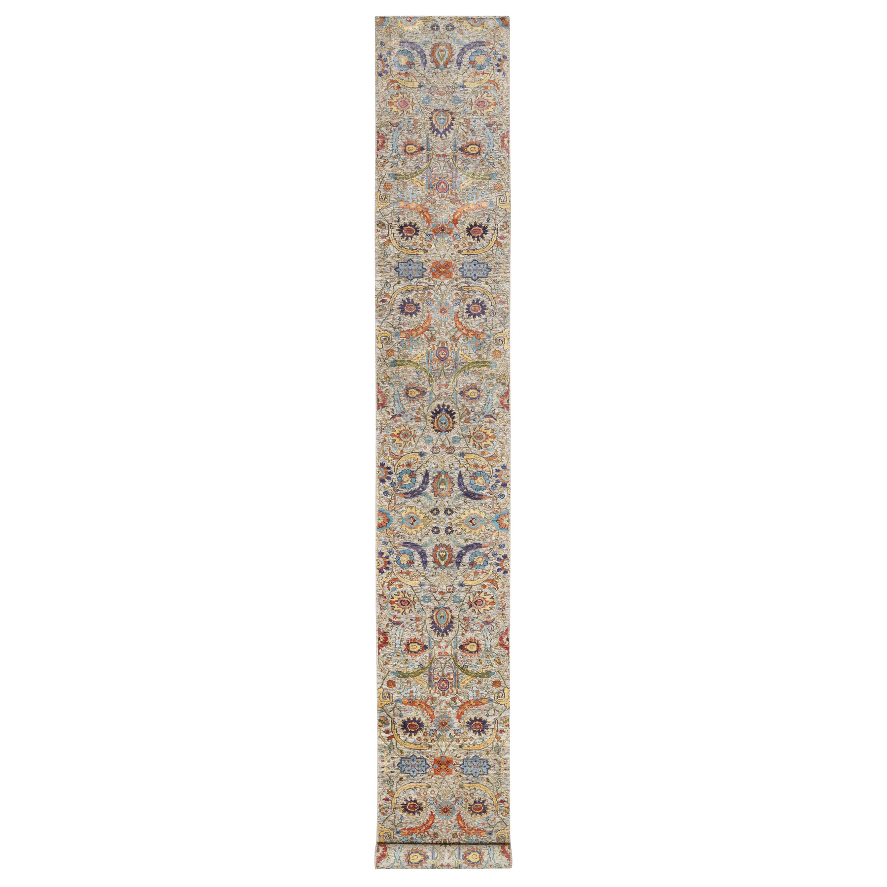 2'7"x20'2" Ivory and Brown, Colorful Sickle Leaf Design, Hand Knotted, Silk with Textured Wool, XL Runner, Oriental Rug 